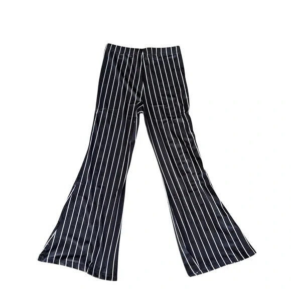 Striped High-Waist Flared Pin Striped Pants - Navy - Picture 5 of 5
